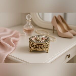 ✨ Vintage Hand-Embellished Brass Jewelry Box – One-of-a-Kind Beauty ✨